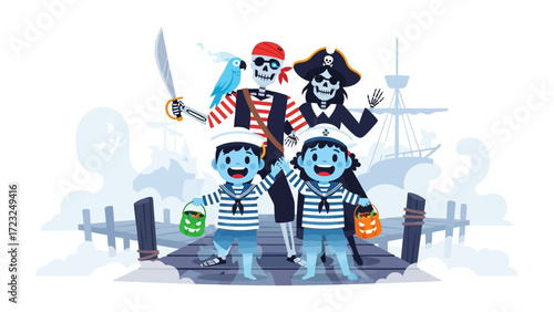 Halloween Pirate and Sailor Scene: A whimsical illustration of pirates and sailors getting ready for Halloween. A playful gathering, set against the backdrop of a spectral pier and ghosty sea