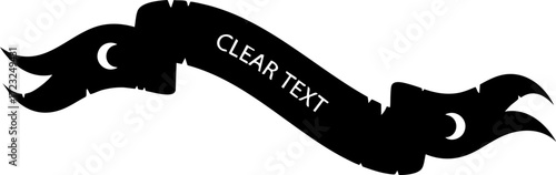 Dynamic black ribbon banner with distressed edges and crescent moon accents, perfect for adding vintage flair to designs