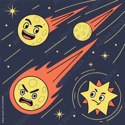 Dynamic space battle illustration featuring a clash between celestial bodies and meteors rendered in a vibrant vector style