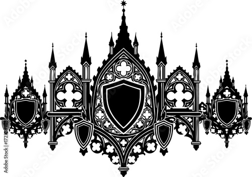 Intricate gothic architectural design with ornate crests and spires, evoking historical grandeur and majestic power for sophisticated branding and elite projects