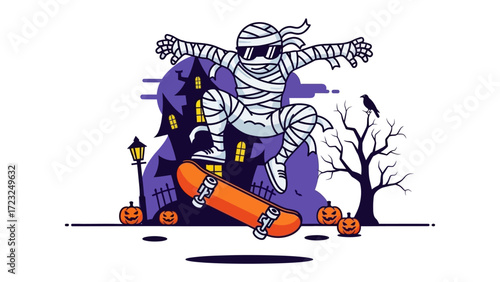 Halloween Mummy Skater: A mummy confidently executes a skateboarding trick in front of a haunted house on Halloween, embodying playful and spooky vibes.