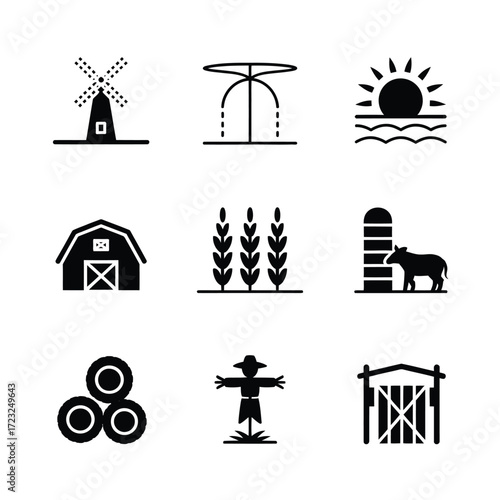 Agriculture Vector Pack  Black Silhouette Barn, Cow, Farmer, Windmill, Sun, Field  Editable Minimal Icons for Branding, Stickers, Stock & Print Use