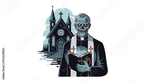Zombie Priest with a Spooky Vibe: An illustrated depiction of a zombie priest clutching a bible and standing before a dark, imposing church.