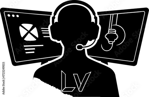 Professional support agent with headset and dual monitors displays dynamic interface, offering expert assistance and digital solutions for clients.