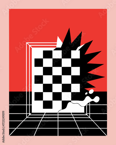 Abstract Chessboard Concept: A captivating visual concept, featuring a surreal chessboard design. The bold geometric elements and a splash of ink creates a unique aesthetic. 