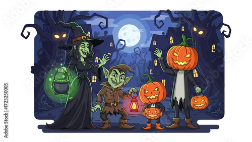 Spooky Halloween Gathering: A whimsical illustration captures a Halloween night scene, with a wicked witch, a mischievous goblin, and two smiling jack-o'-lantern characters.