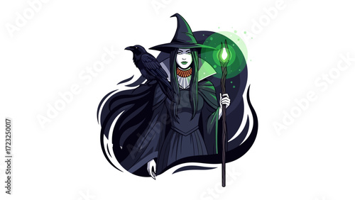 Enchanting Witch: A mysterious illustration of a witch with her raven companion standing confidently, casting a spell. The witch wears a pointed hat and flowing dress.
