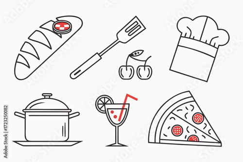 Vector illustration of a kitchen utensil set with icons of pots, pans, forks, knives, and spoons for cooking food