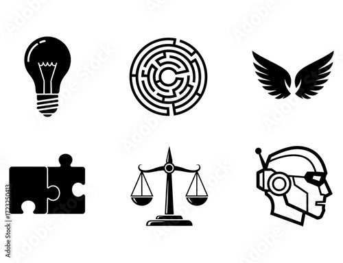 Set of black and white icons depicting ideas, challenges, justice, and innovation for problem-solving