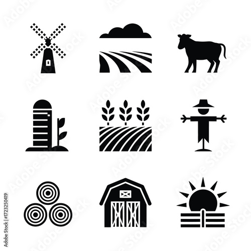 Farm Icon Vector Set  Minimalist Agriculture Silhouette, Barn, Farmer, Cow, Windmill, Sun, Field Clean Black Design for Crafts, Logos & Prints