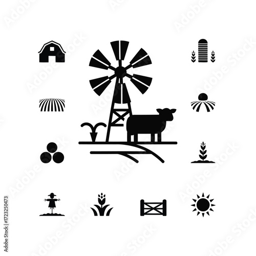 Farm Icon Vector Set  Minimalist Agriculture Silhouette, Barn, Farmer, Cow, Windmill, Sun, Field Clean Black Design for Crafts, Logos & Prints