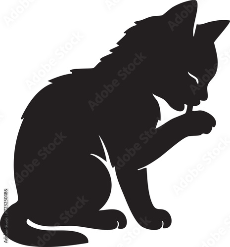 Kitten grooming licking paw.