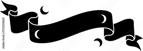 Elegant black ribbon banner with crescent moon accents, perfect for celestial or mystical themes, adding a touch of mystique to designs.