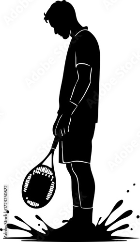 Defeated tennis player silhouette stands dejected after tough match, feeling the emotional weight of loss and disappointment in sport.