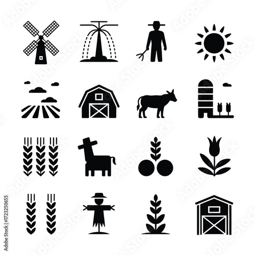 Farm Icon Vector Set  Minimalist Agriculture Silhouette, Barn, Farmer, Cow, Windmill, Sun, Field Clean Black Design for Crafts, Logos & Prints
