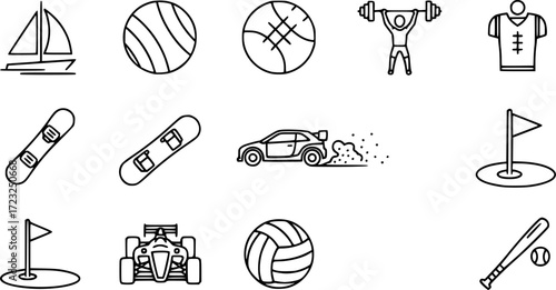 set of 10 outline web sport icons such as sailboat sport, kickball, powerlifting, football jersey, snowboard, rallycross, formula racing