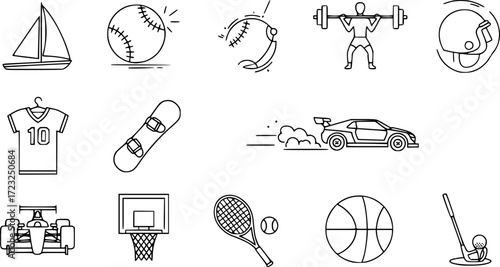 set of 10 outline web sport icons such as sailboat sport, kickball, powerlifting, football jersey, snowboard, rallycross, formula racing