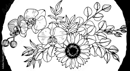 Elegant botanical line art featuring orchids sunflowers and eucalyptus creating a timeless natural beauty for modern design projects