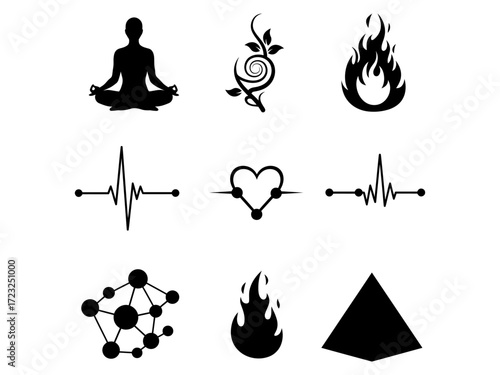 Harmony of Symbols Vector Art Representing Meditation, Vitality, Flame, Science, and Ancient Wisdom