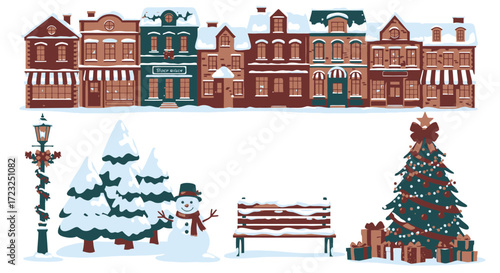 A winter scene depicts a row of shops covered in snow, with a Christmas tree, snowman, park bench, and street lamp.
