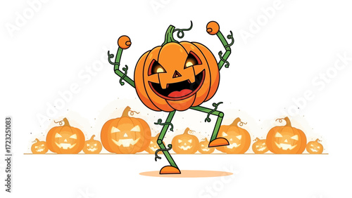 Spooky Pumpkin Jamboree: A spirited cartoon pumpkin revels in the Halloween spirit, surrounded by an ensemble of jack-o'-lanterns on a stylized, brightly-lit ground.