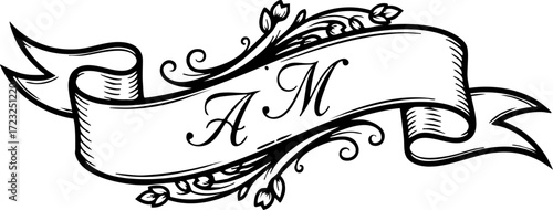 Elegant vintage banner with ornate floral flourishes and intertwined initials A M for timeless branding and sophisticated design projects