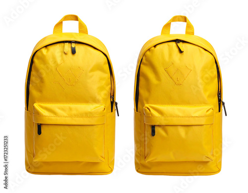 Two identical vibrant yellow backpacks with subtle embossed logos, zipper closures, and small front pockets, displayed side-by-side against a black background