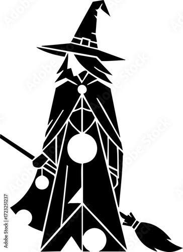 Mysterious witch with pointed hat and broomstick cast magical spells in dark, enchanting night creating mystical atmosphere for Halloween celebrations