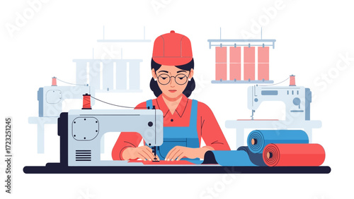 Seamstress Craft: A dedicated seamstress intently works with fabric and sewing machines, demonstrating precision and passion in a textile environment.