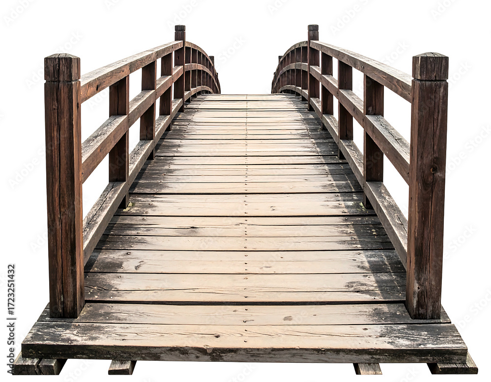 Fototapeta premium Weathered wooden arched footbridge, planks, railings, perspective