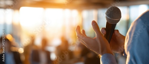 The Microphone in Hands of Public Speaker at Conference with Warm Backlight