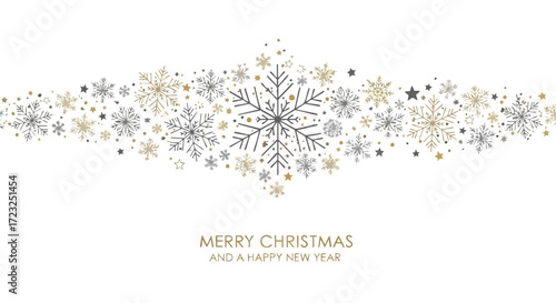 Elegant gold and gray snowflakes with stars celebrate Merry Christmas and a Happy New Year for festive winter holiday season greetings