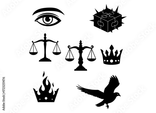 Symbolic Icons Eye, Scales, Crown, Fire, Raven, Puzzle