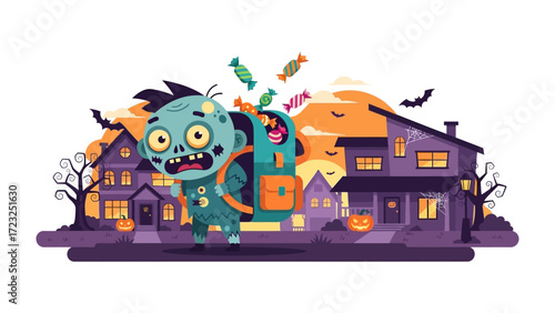 Spooky Halloween Candy Gathering: A charming yet eerie Halloween scene featuring a cartoonish zombie child collecting colorful candies with houses and bats in the background.