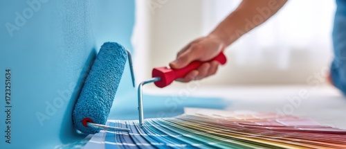 The paint roller painting a bright turquoise wall beside a fan of paint swatches