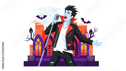 A Gothic Ballad: A stylized illustration portrays a charismatic vampire serenading under the moonlight with the microphone