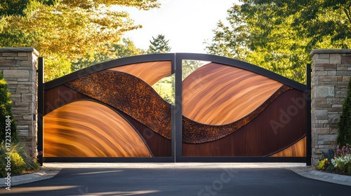 Unique customized gate featuring personalized engravings, bold designs, and mixed materials