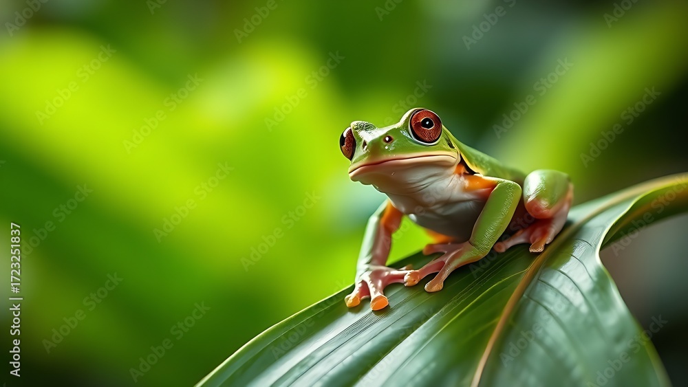 Fototapeta premium Tree frog perched on tropical leaf, wildlife in natural habitat.