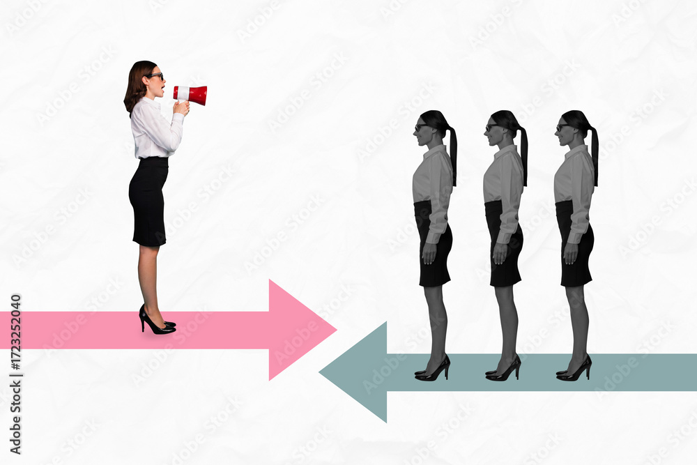 Fototapeta premium 3D collage design composite trend artwork sketch of boss lady stand talk megaphone candidate choice goal development leadership motivation