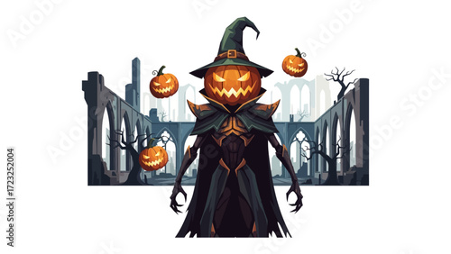 Mysterious Pumpkin Head: A formidable figure, a pumpkin head, assumes center stage, surrounded by jack-o'-lanterns against a spooky backdrop of a gothic cathedral.