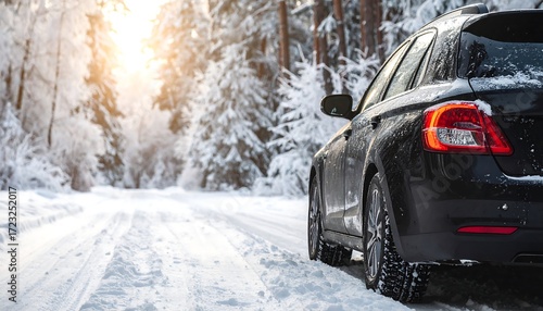 Black car on snowy forest road at sunset