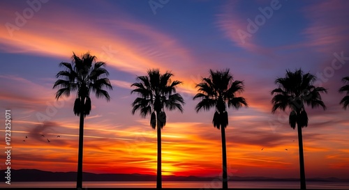Silhouette of Palm Trees at Sunset Beach.