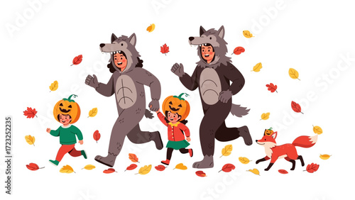 Spirited Halloween Frolic: A joyful autumn scene where children, clad in whimsical costumes, sprint through a vibrant, leaf-strewn landscape, embodying the playful spirit of Halloween.