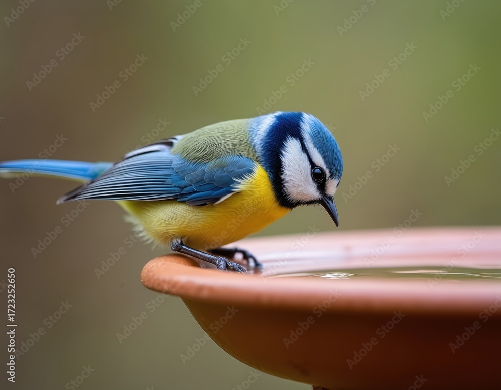 Obraz premium Close-up of cute little blue tit bird drinking water from dish in garden. Colorful plumage and feather detail. Wildlife shot of avian creature in natural habitat. Forest background.