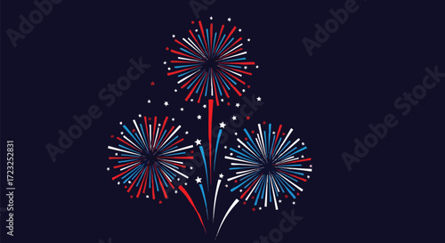 Vibrant red, white, and blue fireworks explode against a deep navy sky, celebrating patriotism and joyous occasions with dazzling bursts.