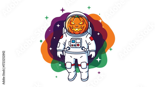 Astronaut Pumpkin: An artistic illustration of a spooky spaceman, where a carved pumpkin replaces a human head, representing the holiday spirit amidst stars and galaxies.