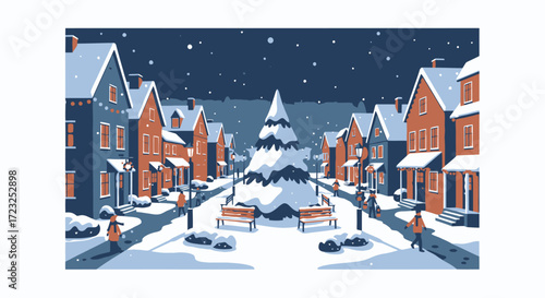 Snowy village street scene at night, featuring a large Christmas tree in the center, surrounded by charming houses and people strolling.