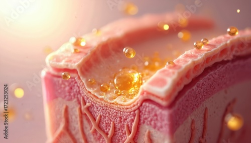 Realistic animation of magnified human skin cross-section. Serum molecules absorb through pores nourishing dermis. Perfect for beauty product demo about skincare, rejuvenation, anti-aging, hydration