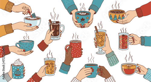Warm winter beverages held in hands, diverse mugs and drinks, cozy autumnal scene.