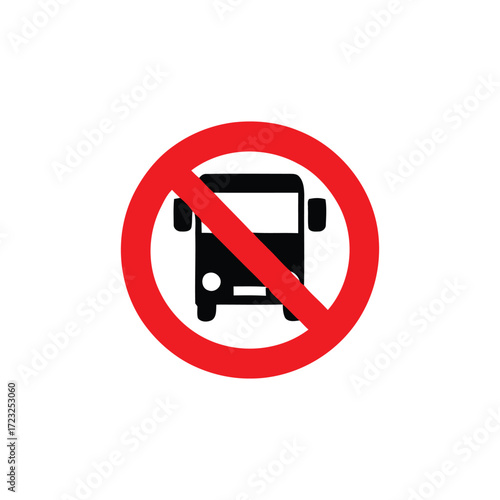 “No Buses Allowed” symbol with black bus silhouette and red prohibition circle—representing vehicle restriction, traffic control, and safety